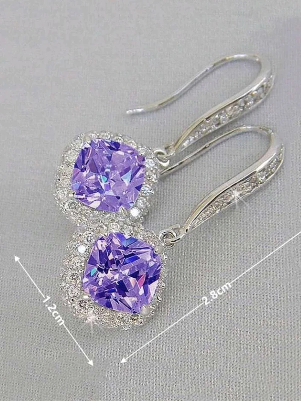 Dainty Purple Silver-Tone Amethyst Halo Drop Earrings Classy Wedding Prom Party